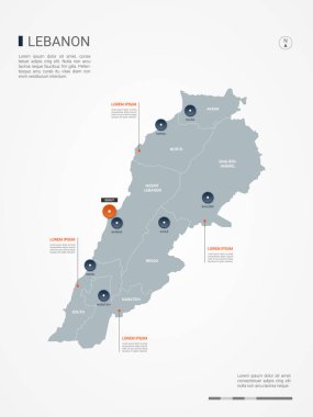 Kenarlıklar, şehirler, sermaye ve yönetim birimleri ile Lübnan harita. Infographic vektör harita. Düzenlenebilir katmanları açıkça etiketli.