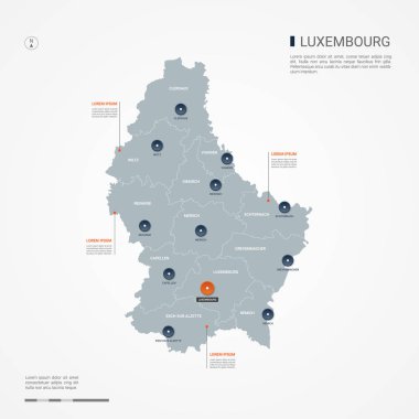 Kenarlıklar, şehirler, sermaye ve yönetim birimleri ile Lüksemburg göster. Infographic vektör harita. Düzenlenebilir katmanları açıkça etiketli.