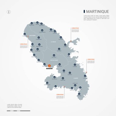 Kenarlıklar, şehirler, sermaye ve yönetim birimleri ile Martinik göster. Infographic vektör harita. Düzenlenebilir katmanları açıkça etiketli.