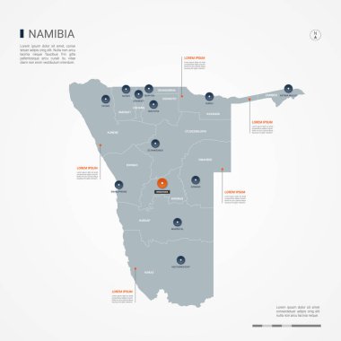 Kenarlıklar, şehirler, sermaye ve yönetim birimleri ile Namibya Haritası. Infographic vektör harita. Düzenlenebilir katmanları açıkça etiketli.