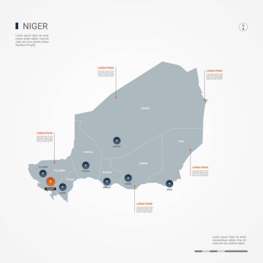 Kenarlıklar, şehirler, sermaye ve yönetim birimleri ile Nijer haritası. Infographic vektör harita. Düzenlenebilir katmanları açıkça etiketli.