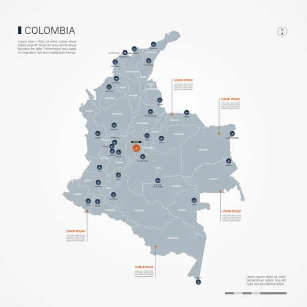 Kolumbie Mapa Hranicemi Města Kapitál Administrativní Dělení Infografika Vektorová Mapa — Stockový vektor