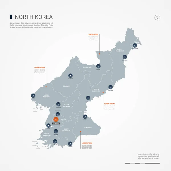 Corea Del Norte Mapa Con Fronteras Ciudades Capital Divisiones Administrativas — Vector de stock
