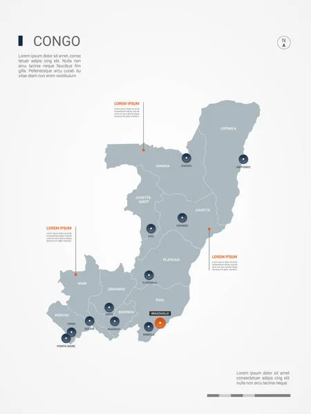 Congo Mapa Con Fronteras Ciudades Capital Divisiones Administrativas Mapa Vectorial — Vector de stock