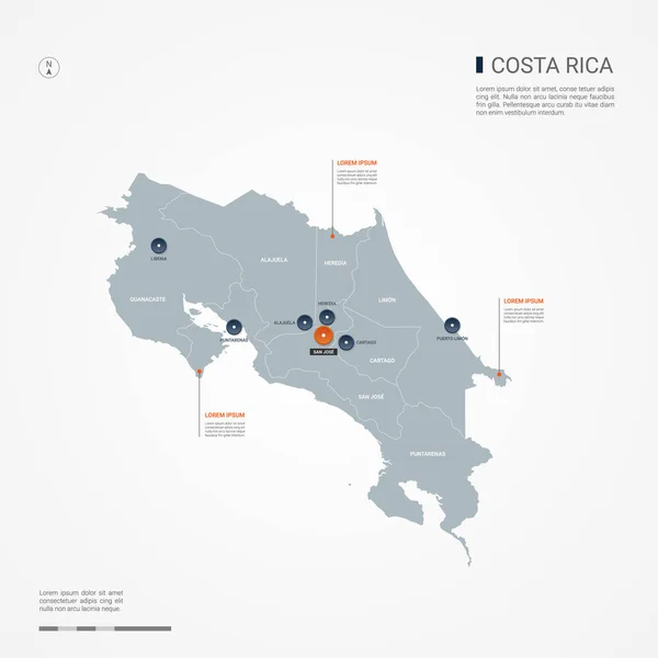 Costa Rica Mapa Com Fronteiras Cidades Capital Divisões Administrativas Mapa —  Vetores de Stock