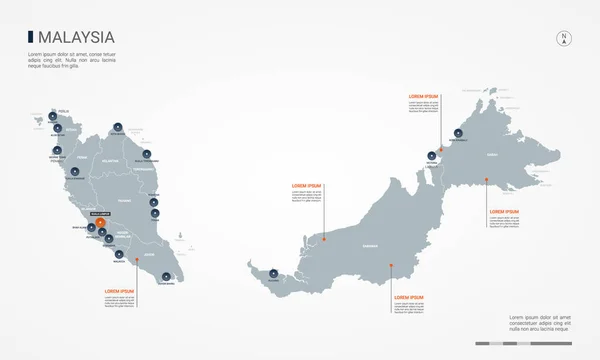 Malasia Mapa Con Fronteras Ciudades Capital Divisiones Administrativas Mapa Vectorial — Vector de stock