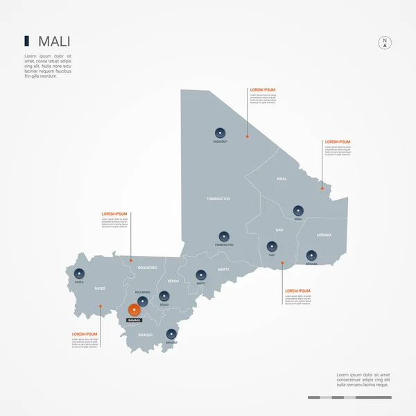 Malí Mapa Con Fronteras Ciudades Capital Divisiones Administrativas Mapa Vectorial — Vector de stock