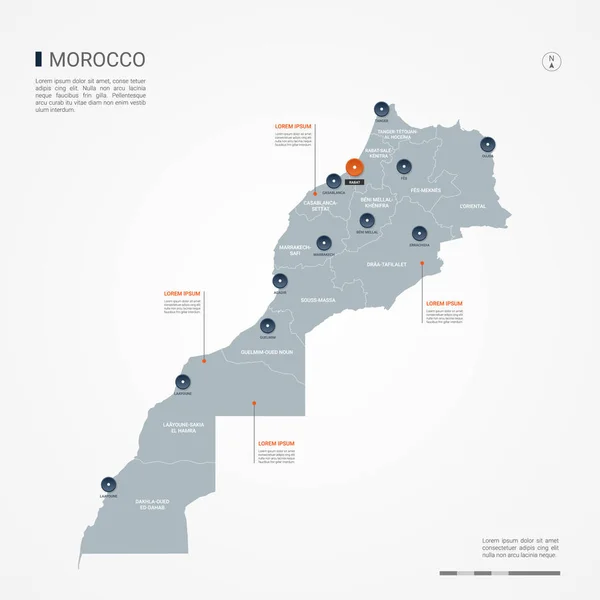 Marruecos Mapa Con Fronteras Ciudades Capital Divisiones Administrativas Mapa Vectorial — Archivo Imágenes Vectoriales