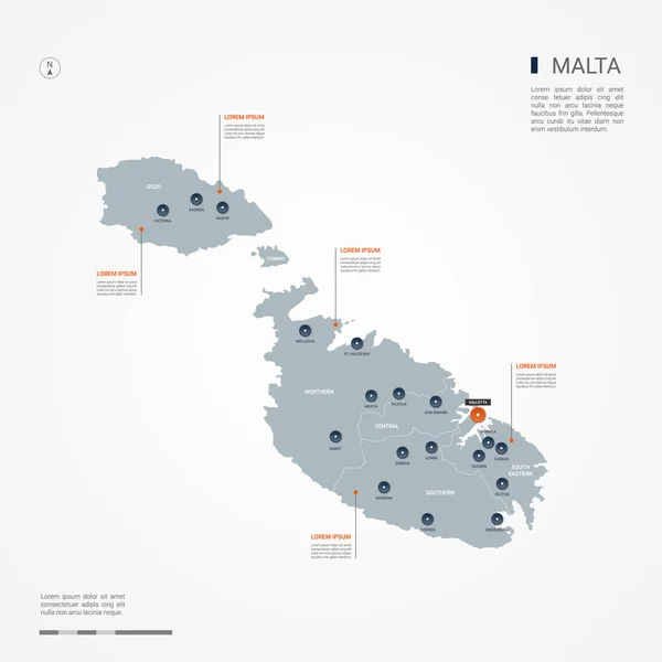 ボーダー 首都行政区分とマルタの地図 インフォ グラフィックのベクター マップ 編集可能なレイヤーが明確にラベル付け — ストックベクタ