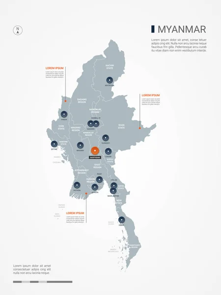 Myanmar Birmania Mapa Con Fronteras Ciudades Capital Divisiones Administrativas Mapa — Vector de stock
