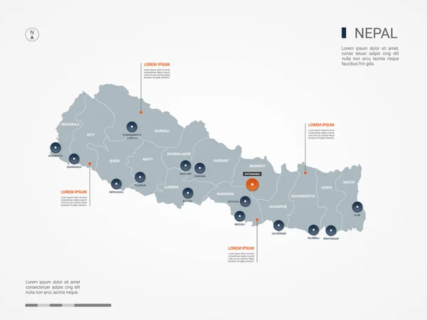 Nepal Mapa Con Fronteras Ciudades Capital Divisiones Administrativas Mapa Vectorial — Vector de stock