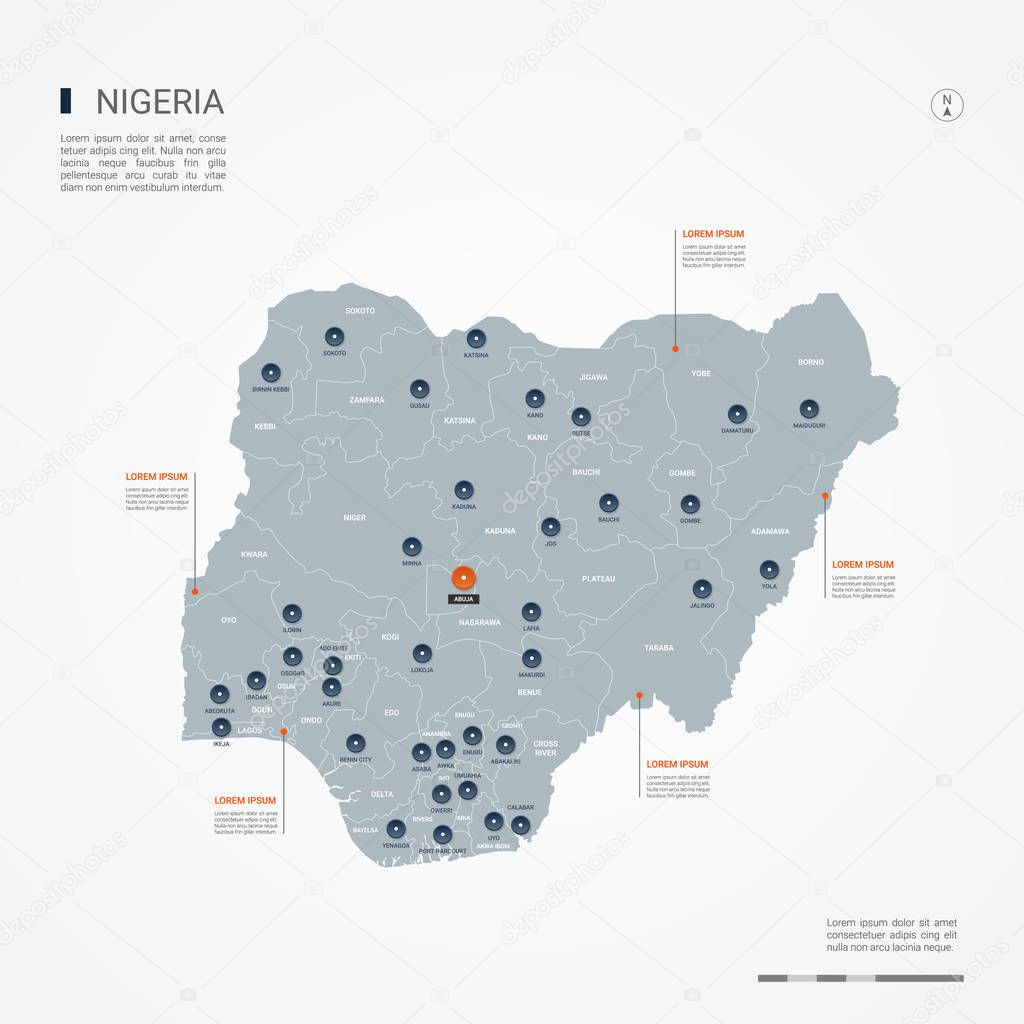 Nigeria map with borders, cities, capital and administrative divisions. Infographic vector map. Editable layers clearly labeled.