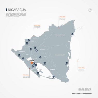 Nikaragua Haritası sınırları, şehirler, sermaye ve yönetim birimleri ile. Infographic vektör harita. Düzenlenebilir katmanları açıkça etiketli.