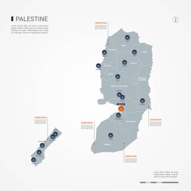 Palestine harita sınırları, şehirler, sermaye ve yönetim birimleri ile. Infographic vektör harita. Düzenlenebilir katmanları açıkça etiketli.