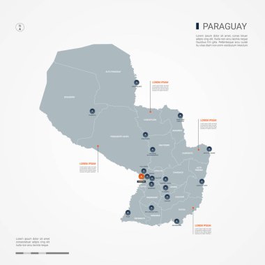 Kenarlıklar, şehirler, sermaye ve yönetim birimleri ile Paraguay harita. Infographic vektör harita. Düzenlenebilir katmanları açıkça etiketli.