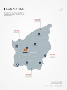 San Marino Haritası sınırları, şehirler, sermaye ve yönetim birimleri ile. Infographic vektör harita. Düzenlenebilir katmanları açıkça etiketli.