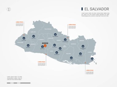 Kenarlıklar, şehirler, sermaye ve yönetim birimleri ile El Salvador Haritası. Infographic vektör harita. Düzenlenebilir katmanları açıkça etiketli.
