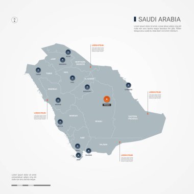 Suudi Arabistan harita sınırları, şehirler, sermaye ve yönetim birimleri ile. Infographic vektör harita. Düzenlenebilir katmanları açıkça etiketli.