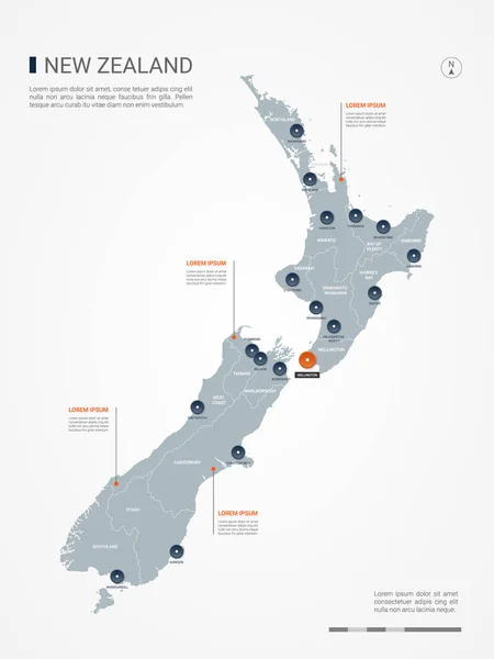 新西兰地图与边界 资本和行政分部 图表矢量图 可编辑图层标记清晰 — 图库矢量图片