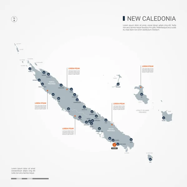 Neukaledonien Karte Mit Grenzen Städten Hauptstädten Und Verwaltungseinheiten Infografische Vektorkarte — Stockvektor