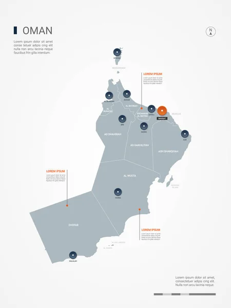 Omán Mapa Con Fronteras Ciudades Capital Divisiones Administrativas Mapa Vectorial — Archivo Imágenes Vectoriales