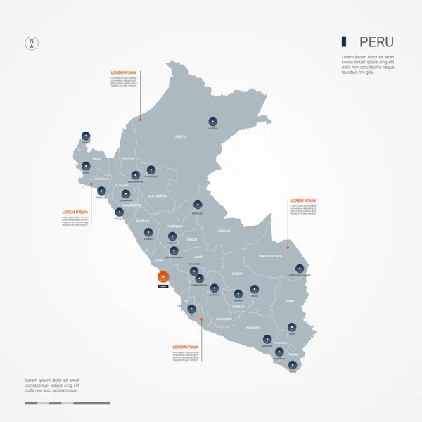 Peru Mapę Granic Miasta Stolicy Podział Administracyjny Infografika Wektor Mapę — Wektor stockowy