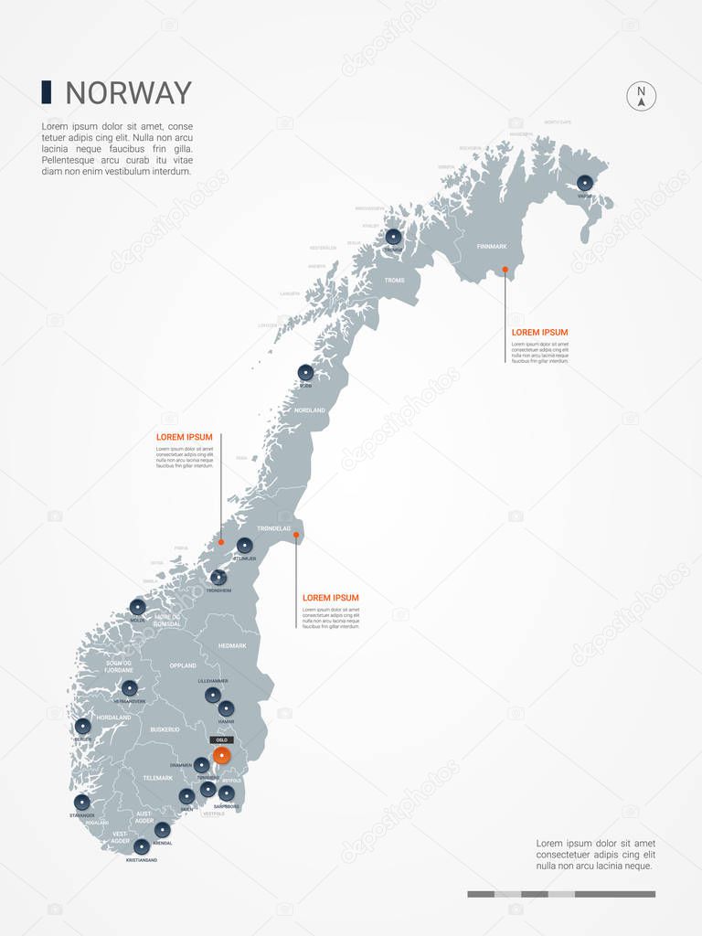 Norway map with borders, cities, capital and administrative divisions. Infographic vector map. Editable layers clearly labeled.