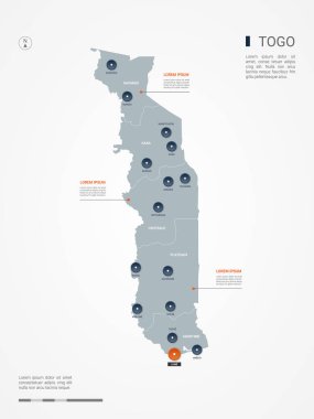 Togo harita sınırları, şehirler, sermaye ve yönetim birimleri ile. Infographic vektör harita. Düzenlenebilir katmanları açıkça etiketli.