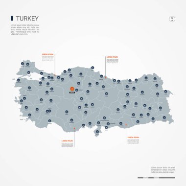 Kenarlıklar, şehirler, sermaye ve yönetim birimleri ile Türkiye Haritası. Infographic vektör harita. Düzenlenebilir katmanları açıkça etiketli.