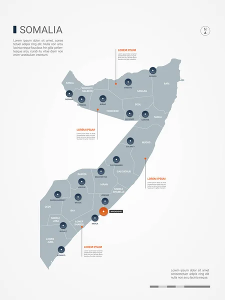 Somalia Mapa Con Fronteras Ciudades Capital Divisiones Administrativas Mapa Vectorial — Archivo Imágenes Vectoriales