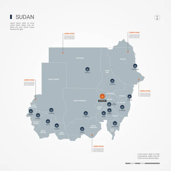 Sudão Mapa Com Fronteiras Cidades Capital Divisões Administrativas Mapa Vetorial —  Vetores de Stock