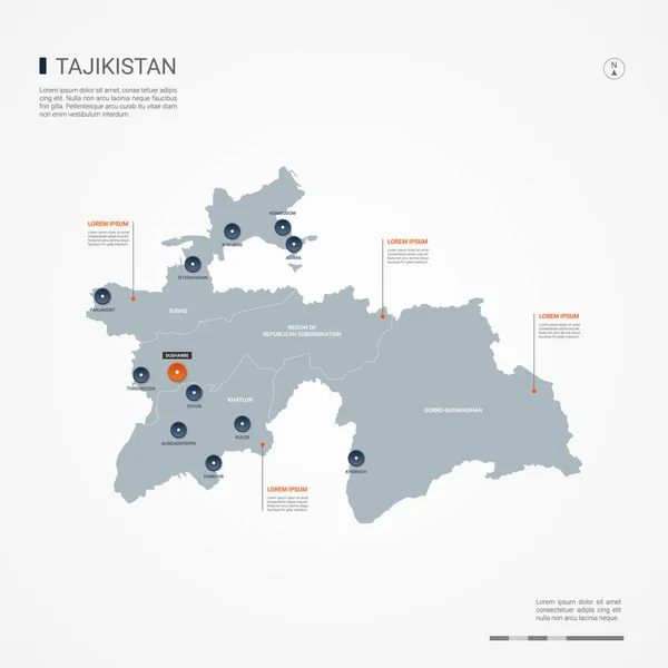 Kenarlıklar Şehirler Sermaye Yönetim Birimleri Ile Tacikistan Haritası Infographic Vektör — Stok Vektör