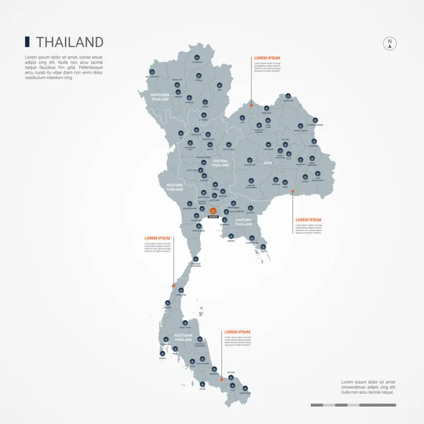 Tailandia Mapa Con Fronteras Ciudades Capital Divisiones Administrativas Mapa Vectorial — Archivo Imágenes Vectoriales