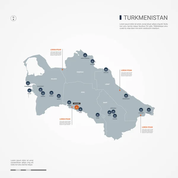 Kenarlıklar Şehirler Sermaye Yönetim Birimleri Ile Türkmenistan Harita Infographic Vektör — Stok Vektör