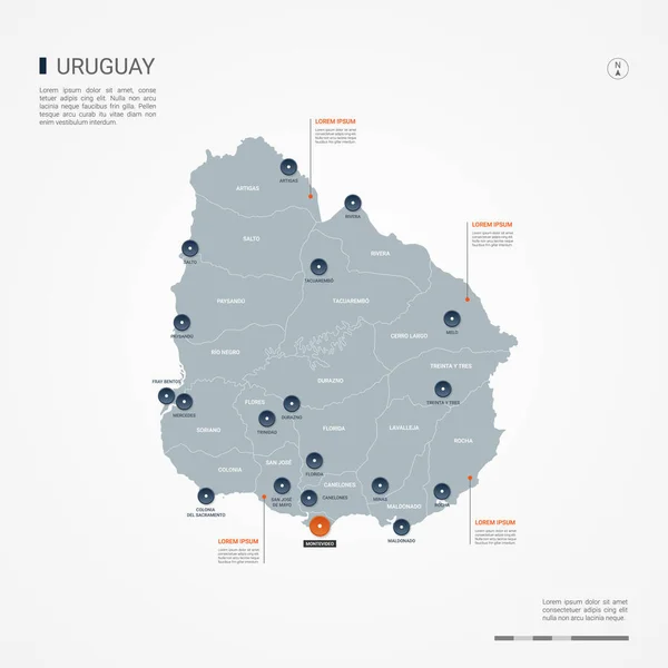 Kenarlıklar Şehirler Sermaye Yönetim Birimleri Ile Uruguay Haritası Infographic Vektör — Stok Vektör