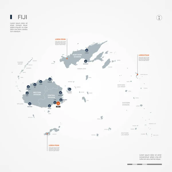 Fiji Mapa Con Fronteras Ciudades Capital Divisiones Administrativas Mapa Vectorial — Archivo Imágenes Vectoriales