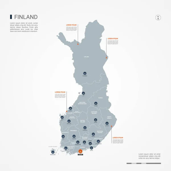 Finlandia Mapa Con Fronteras Ciudades Capital Divisiones Administrativas Mapa Vectorial — Archivo Imágenes Vectoriales