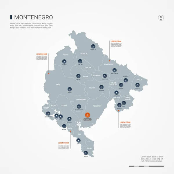 Montenegro Mapa Con Fronteras Ciudades Capital Divisiones Administrativas Mapa Vectorial — Vector de stock