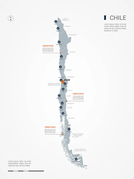 Chile Mapa Con Fronteras Ciudades Capital Divisiones Administrativas Mapa Vectorial — Vector de stock