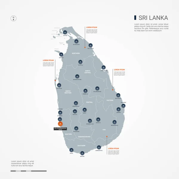 Sri Lanka Mapa Con Fronteras Ciudades Capital Divisiones Administrativas Mapa — Vector de stock
