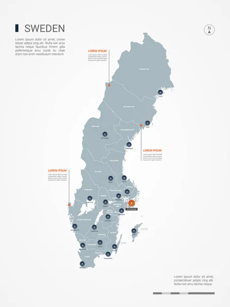 Suecia Mapa Con Fronteras Ciudades Capital Divisiones Administrativas Mapa Vectorial — Archivo Imágenes Vectoriales