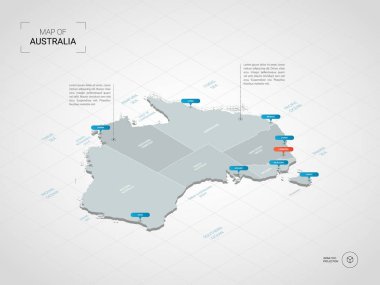 İzometrik 3d Avustralya harita. Stilize vektör harita illüstrasyon şehirler, kenarlıklar, sermaye, yönetim birimleri ve işaretçi işaretleri ile; degrade arka plan Kılavuzu ile. 