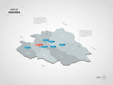 İzometrik 3d Andorra haritası. Stilize vektör harita illüstrasyon şehirler, kenarlıklar, sermaye, yönetim birimleri ve işaretçi işaretleri ile; degrade arka plan Kılavuzu ile. 