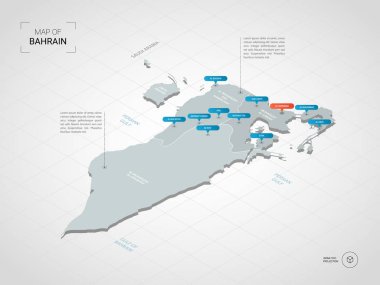 İzometrik 3d Bahreyn Haritası. Stilize vektör harita illüstrasyon şehirler, kenarlıklar, sermaye, yönetim birimleri ve işaretçi işaretleri ile; degrade arka plan Kılavuzu ile. 
