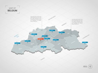 İzometrik 3d Belçika harita. Stilize vektör harita illüstrasyon şehirler, kenarlıklar, sermaye, yönetim birimleri ve işaretçi işaretleri ile; degrade arka plan Kılavuzu ile. 