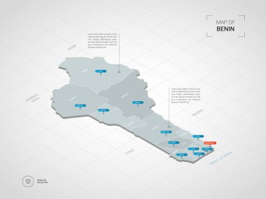 İzometrik 3d Benin harita. Stilize vektör harita illüstrasyon şehirler, kenarlıklar, sermaye, yönetim birimleri ve işaretçi işaretleri ile; degrade arka plan Kılavuzu ile. 