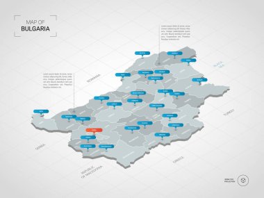 İzometrik 3d Bulgaristan harita. Stilize vektör harita illüstrasyon şehirler, kenarlıklar, sermaye, yönetim birimleri ve işaretçi işaretleri ile; degrade arka plan Kılavuzu ile. 