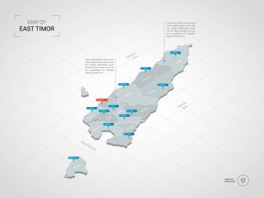 İzometrik 3d Doğu Timor Haritası. Stilize vektör harita illüstrasyon şehirler, kenarlıklar, sermaye, yönetim birimleri ve işaretçi işaretleri ile; degrade arka plan Kılavuzu ile. 