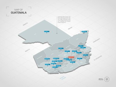 İzometrik 3d Guatemala Haritası. Stilize vektör harita illüstrasyon şehirler, kenarlıklar, sermaye, yönetim birimleri ve işaretçi işaretleri ile; degrade arka plan Kılavuzu ile. 