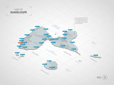 İzometrik 3d Guadeloupe harita. Stilize vektör harita illüstrasyon şehirler, kenarlıklar, sermaye, yönetim birimleri ve işaretçi işaretleri ile; degrade arka plan Kılavuzu ile. 